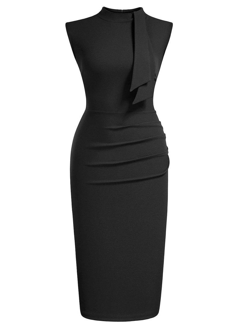 Miusol Women's Retro 1950s Style Half Collar Ruffle Cocktail Pencil Dress (Large, Black) - Image 3